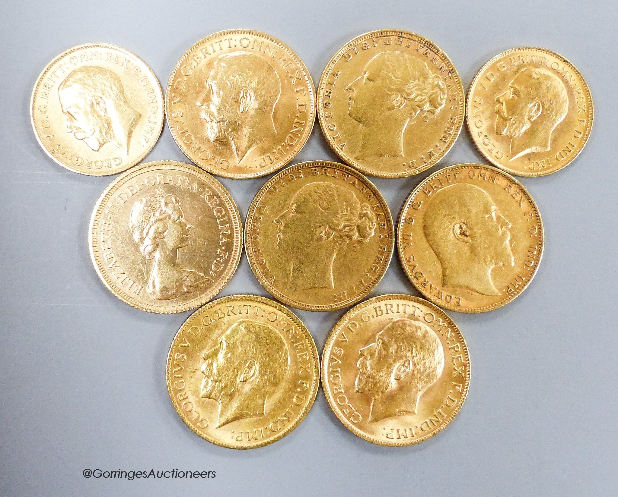 Seven gold sovereigns for the years, 1880, 1884, 1902, 1911, 1912, 1913 & 1979 and two half sovereigns, 1911 & 1914.